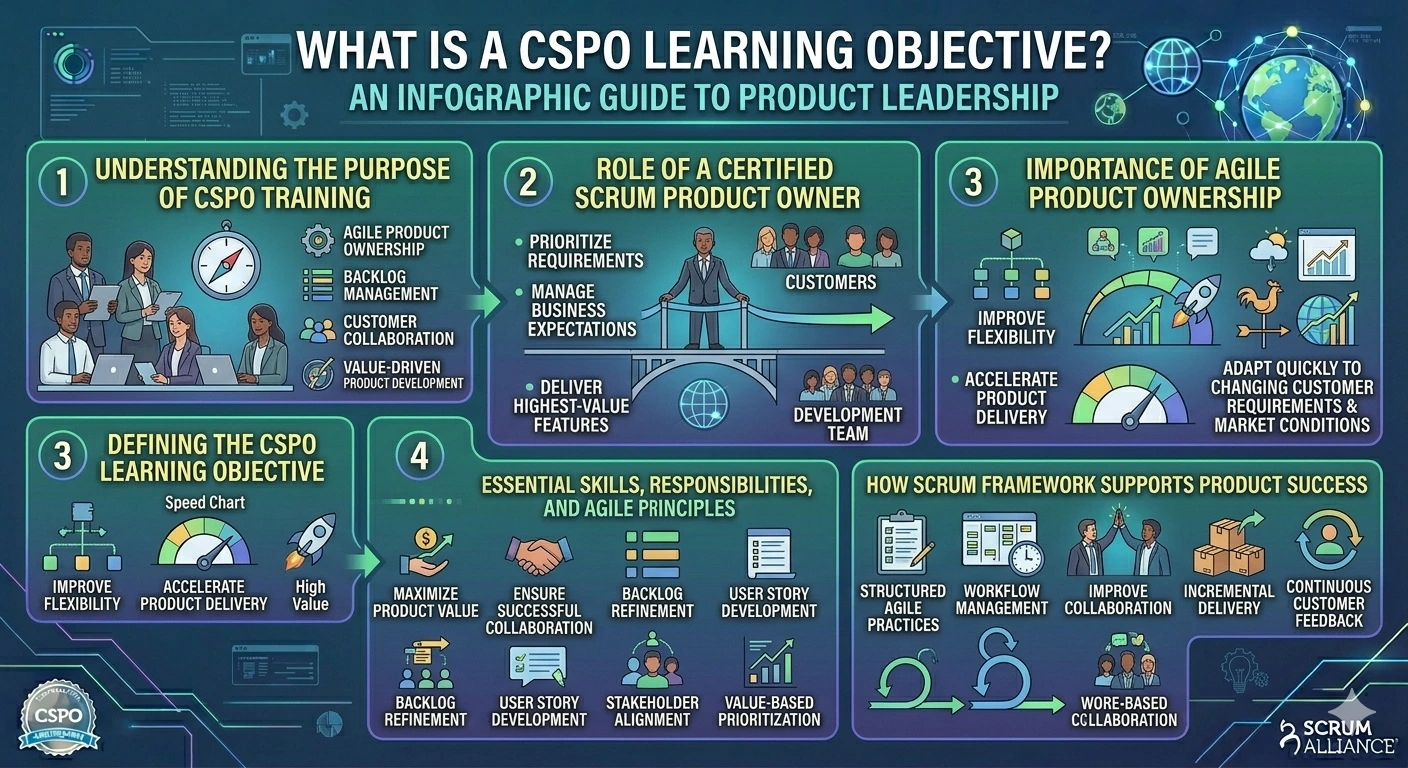 CSPO Learning Objective Learn the CSPO Learning Objective, including Agile product management, backlog prioritization, stakeholder collaboration, and Scrum Product Owner skills.