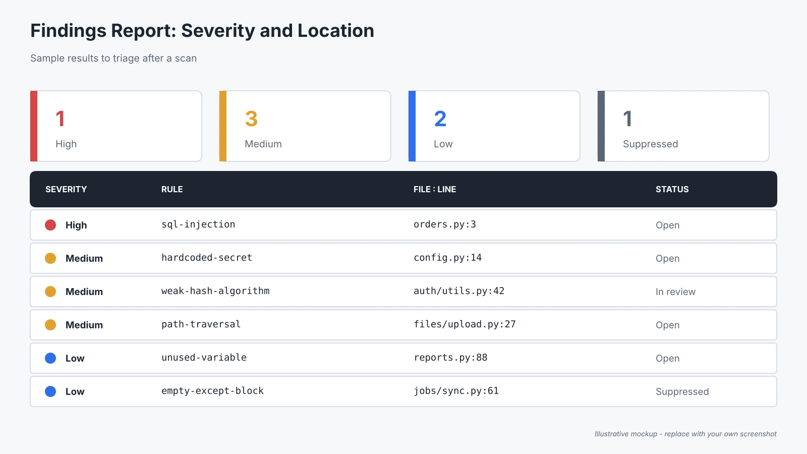 Findings report listing severity, rule and file location
